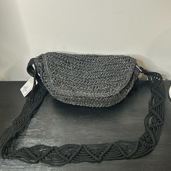 Primark Black Raffia Macrame Shoulder Strap Crossbody Bohemian Bag NWT - Picture 11 of 16